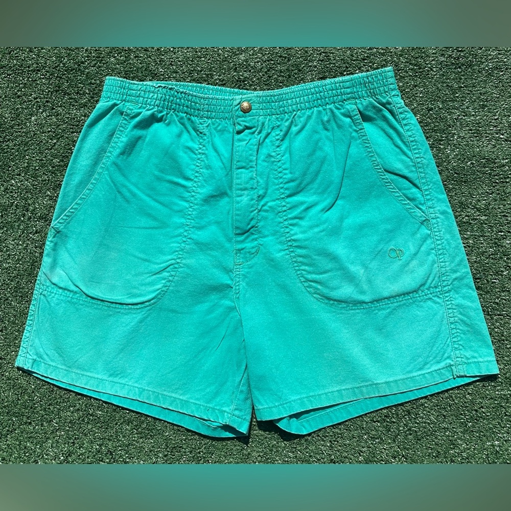 Vintage 80’s OP Ocean Pacific Aqua Green Cotton Snap Shorts Men’s Size Medium
